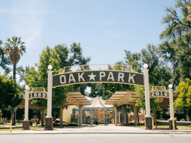 Entrance sign to Oak Park in Sacramento, California