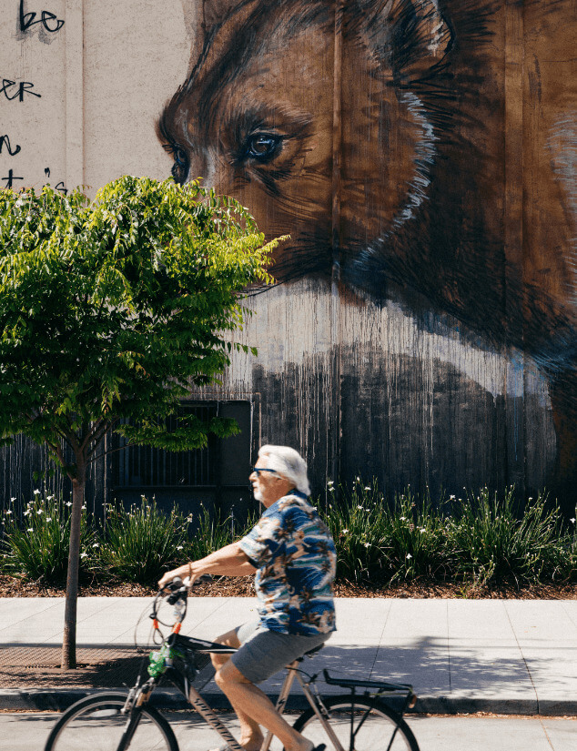 An older man riding his bike in downtown Sacramento, California next to a mural of a bear