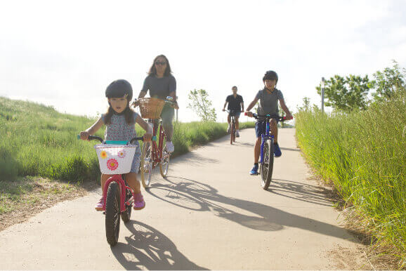 A family of four riding their bicycles down a bike path in the middle of a park block