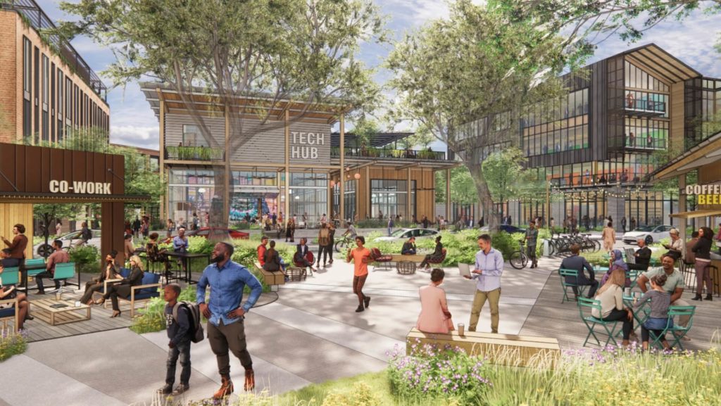 A park block in Braden's Town Center showing indoor/outdoor co-working space, a tech hub and office buildings