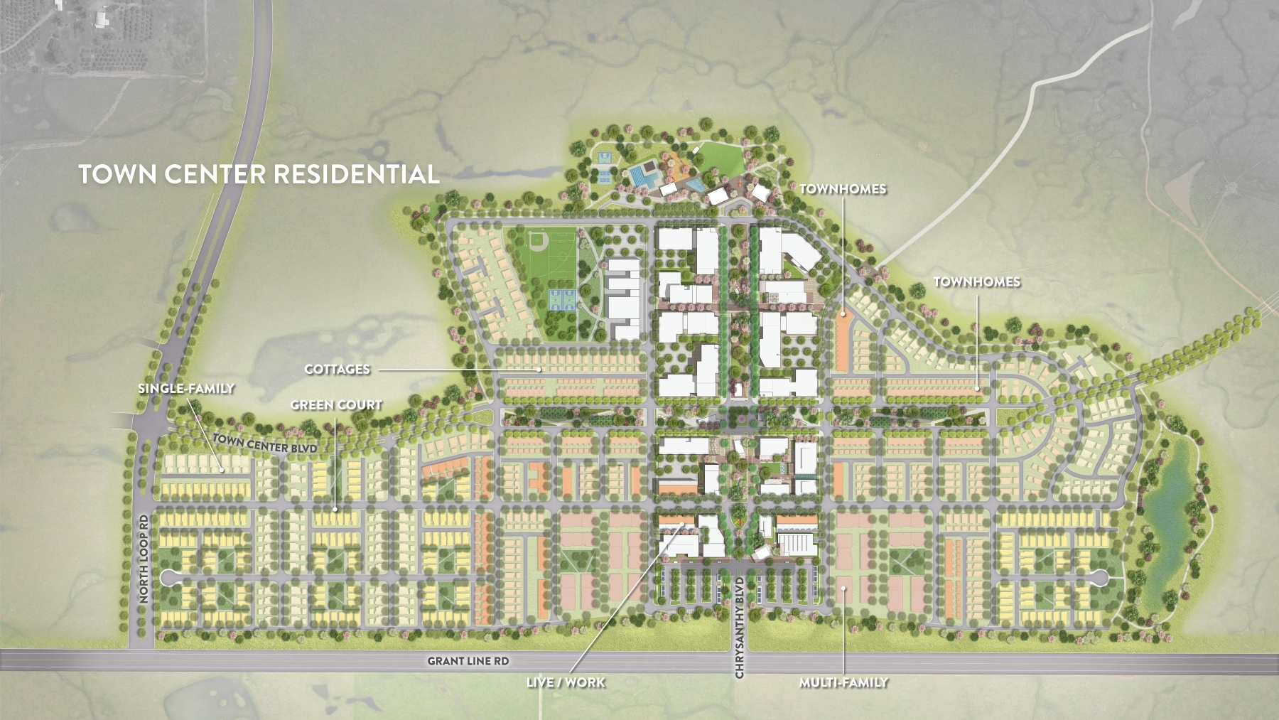 An illustrative map showing the Braden's Town Center that includes homes for all - townhomes, single-family homes, cottage style homes