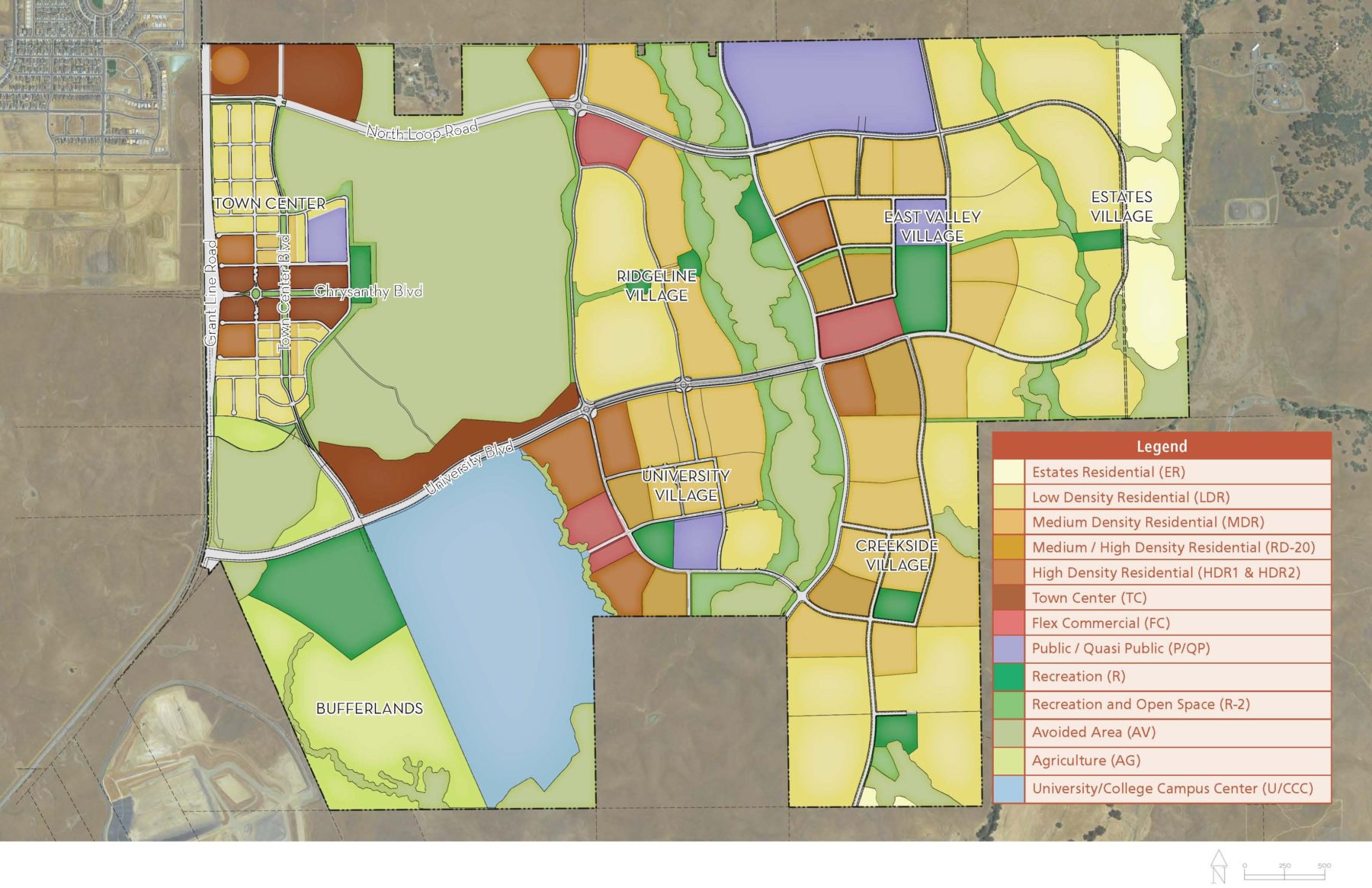 Master plan map of Braden in Sacramento, CA showing mixed-use and civic areas, parks and open spaces and different home types throughout