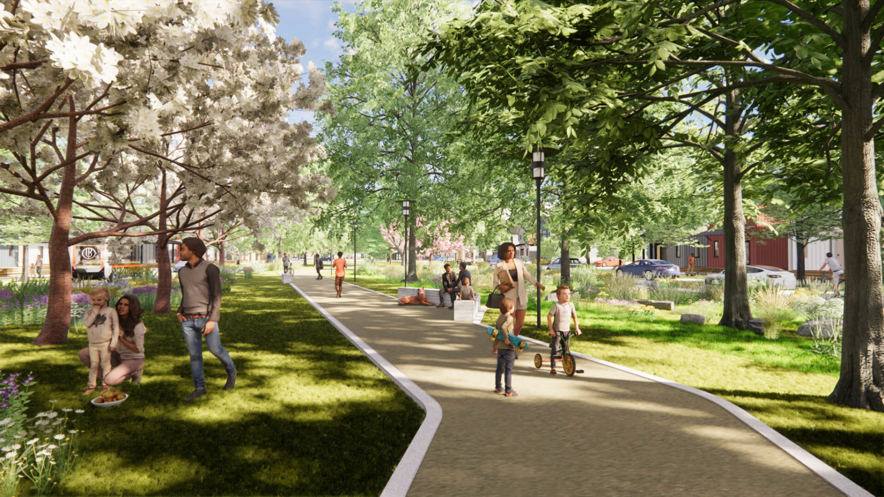 An illustrative rendering of people walking along a path that goes through a park block at Braden.