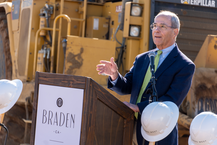 Senator Roger Niello speaks as the emcee at the Braden groundbreaking ceremony